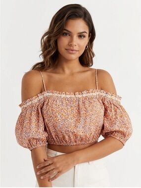 Zara Cottagecore Floral Crop Top Off Shoulder Ruffle Blouse Prairie Boho XS